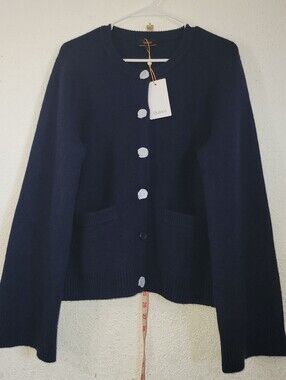 Quince Women's Navy Button-Front Crewneck Cardigan 100% Cashmere